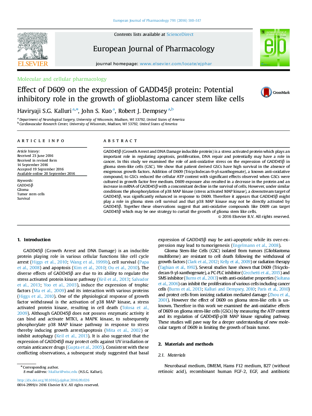 Effect of D609 on the expression of GADD45Î² protein: Potential inhibitory role in the growth of glioblastoma cancer stem like cells