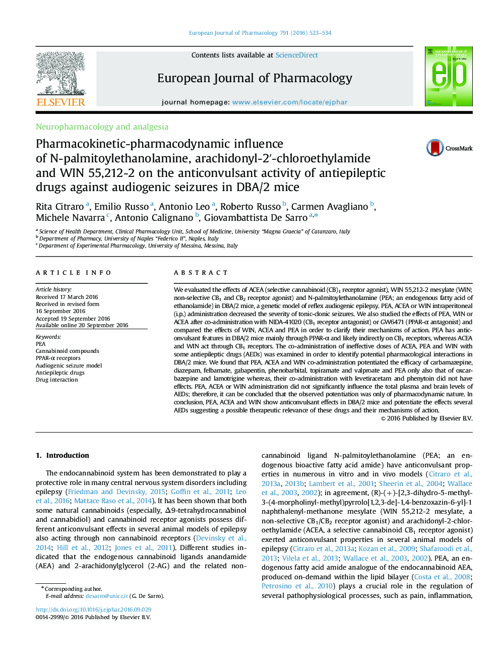 Pharmacokinetic-pharmacodynamic influence of N-palmitoylethanolamine, arachidonyl-2â²-chloroethylamide and WIN 55,212-2 on the anticonvulsant activity of antiepileptic drugs against audiogenic seizures in DBA/2 mice