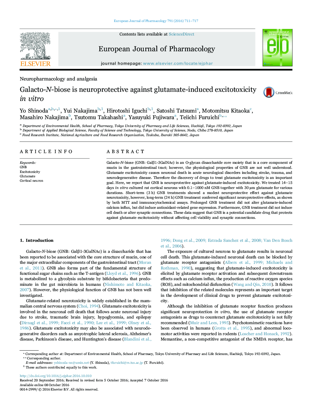 Galacto-N-biose is neuroprotective against glutamate-induced excitotoxicity in vitro