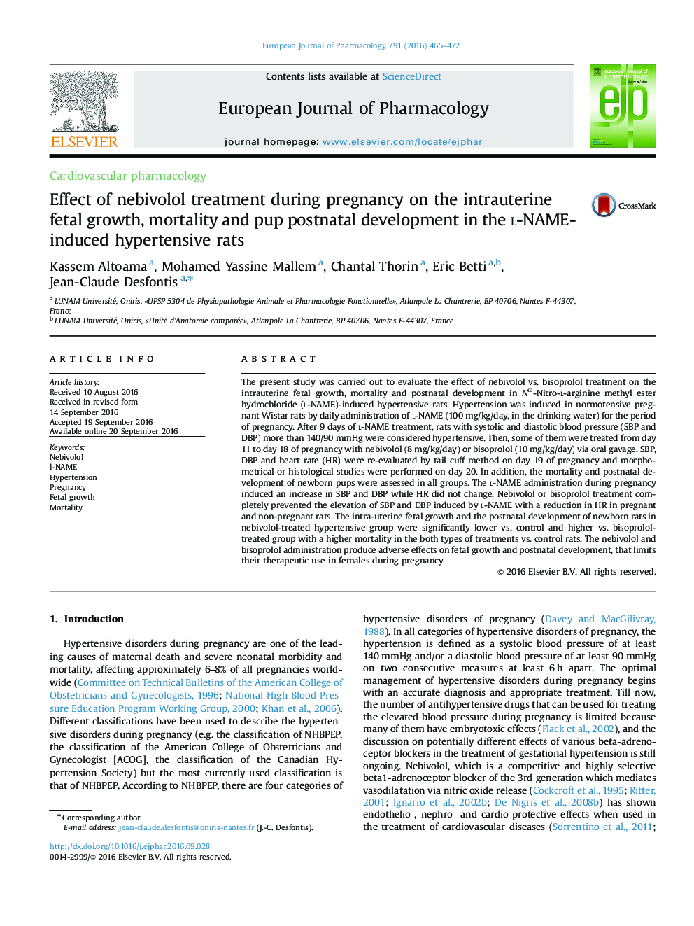 Effect of nebivolol treatment during pregnancy on the intrauterine fetal growth, mortality and pup postnatal development in the l-NAME-induced hypertensive rats