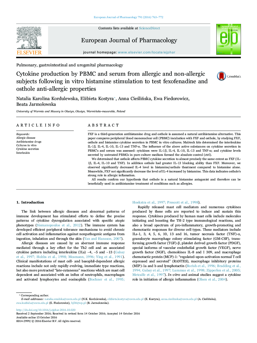Cytokine production by PBMC and serum from allergic and non-allergic subjects following in vitro histamine stimulation to test fexofenadine and osthole anti-allergic properties