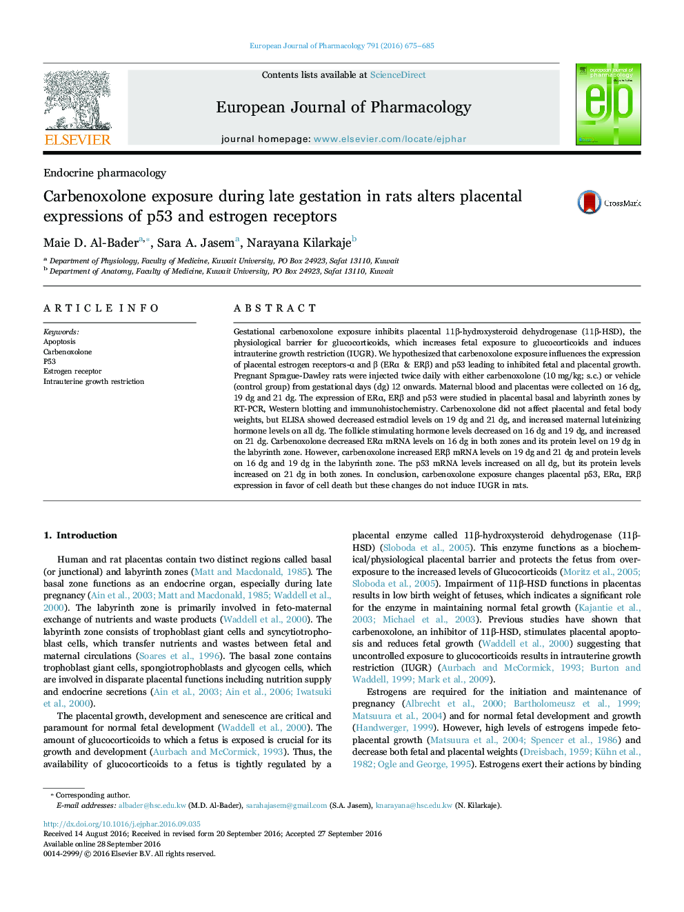 Carbenoxolone exposure during late gestation in rats alters placental expressions of p53 and estrogen receptors