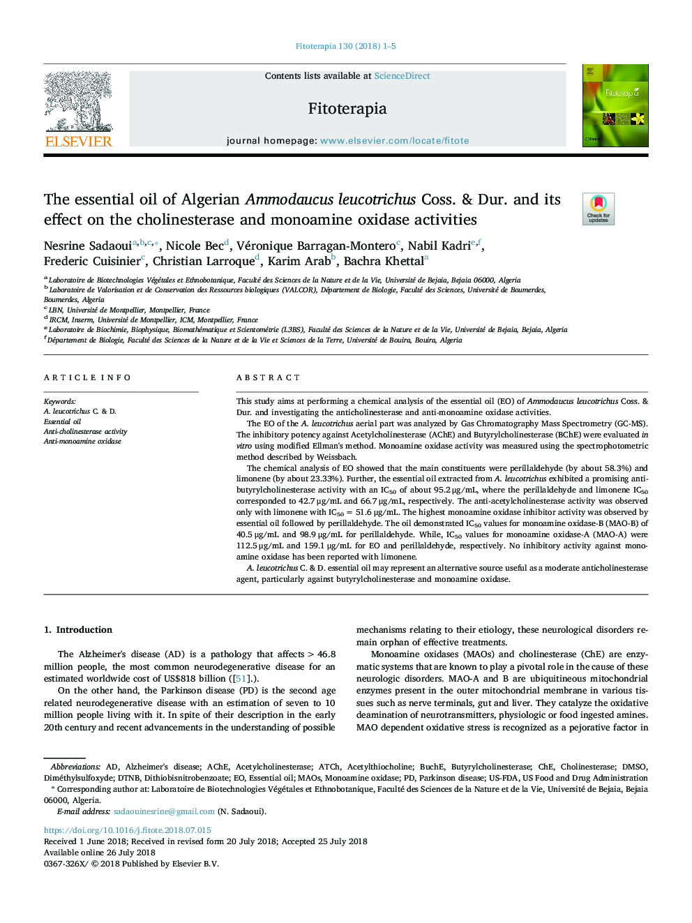 The essential oil of Algerian Ammodaucus leucotrichus Coss. & Dur. and its effect on the cholinesterase and monoamine oxidase activities