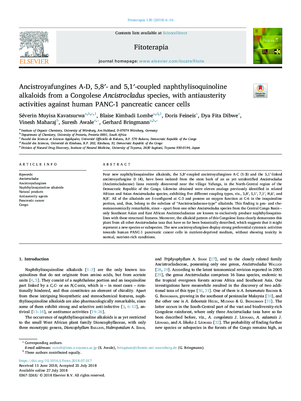 Ancistroyafungines A-D, 5,8â²- and 5,1â²-coupled naphthylisoquinoline alkaloids from a Congolese Ancistrocladus species, with antiausterity activities against human PANC-1 pancreatic cancer cells