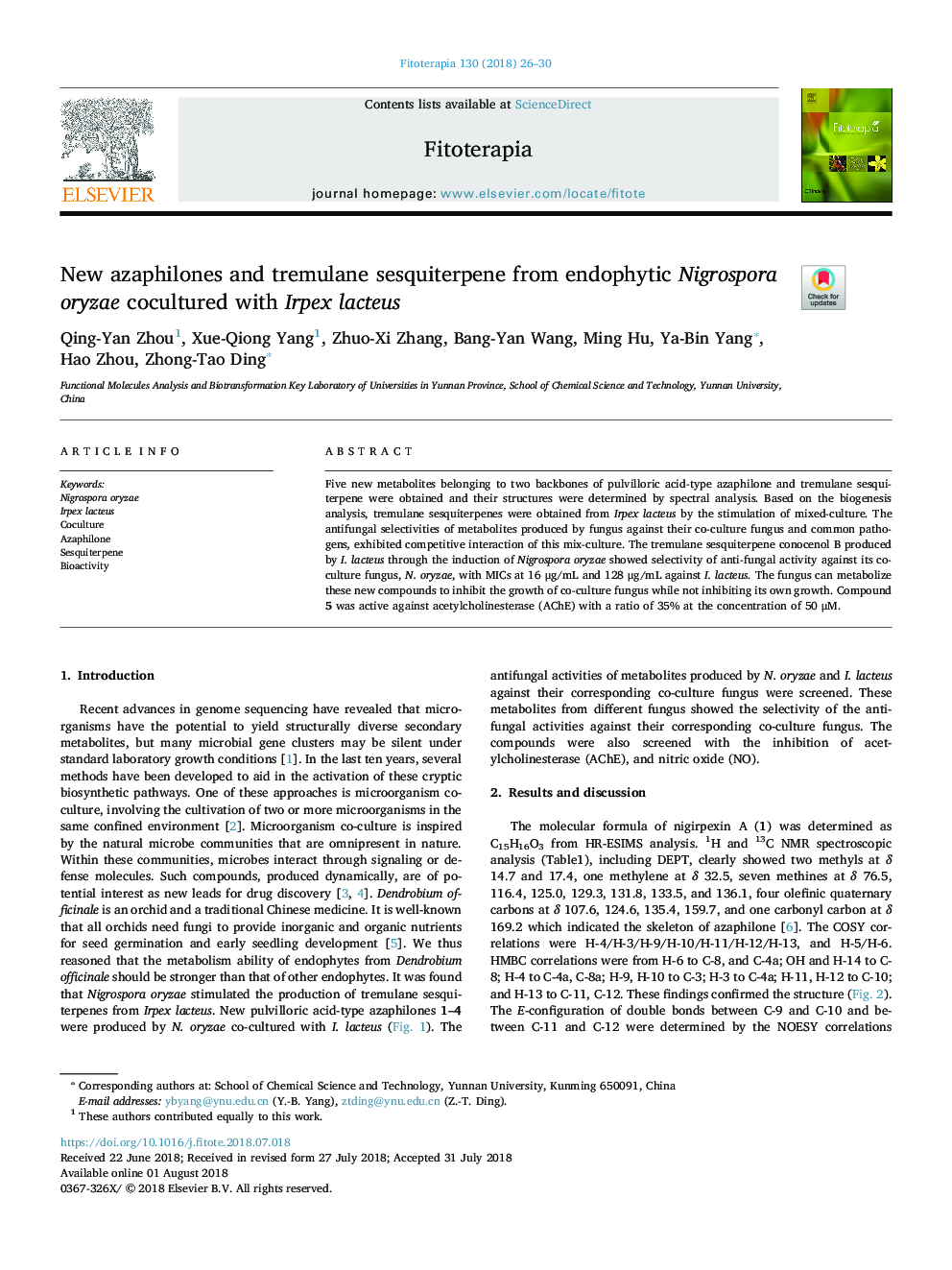 New azaphilones and tremulane sesquiterpene from endophytic Nigrospora oryzae cocultured with Irpex lacteus