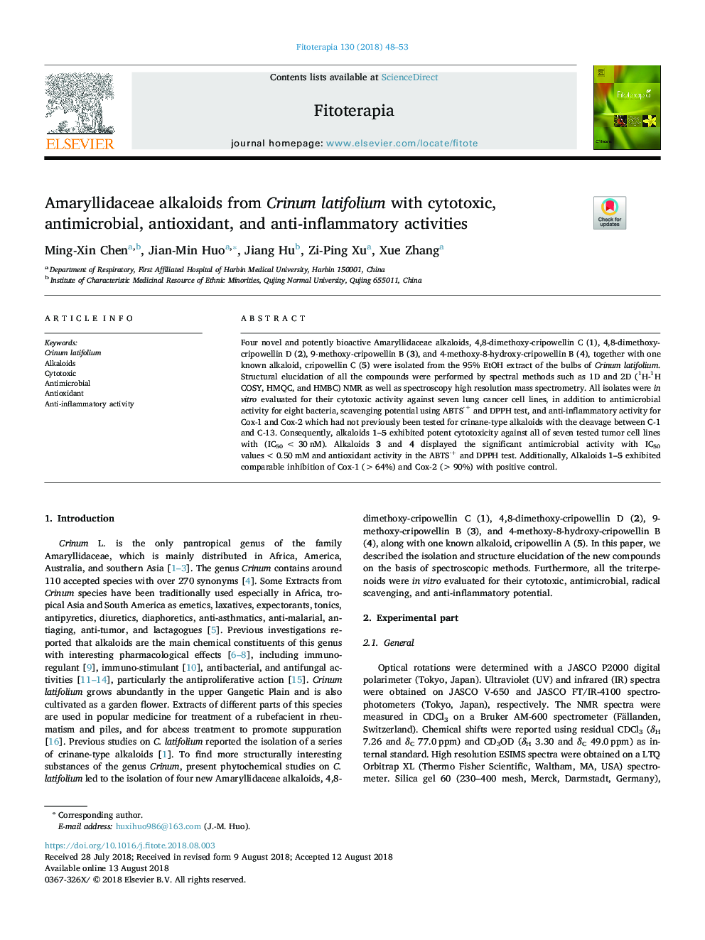 Amaryllidaceae alkaloids from Crinum latifolium with cytotoxic, antimicrobial, antioxidant, and anti-inflammatory activities