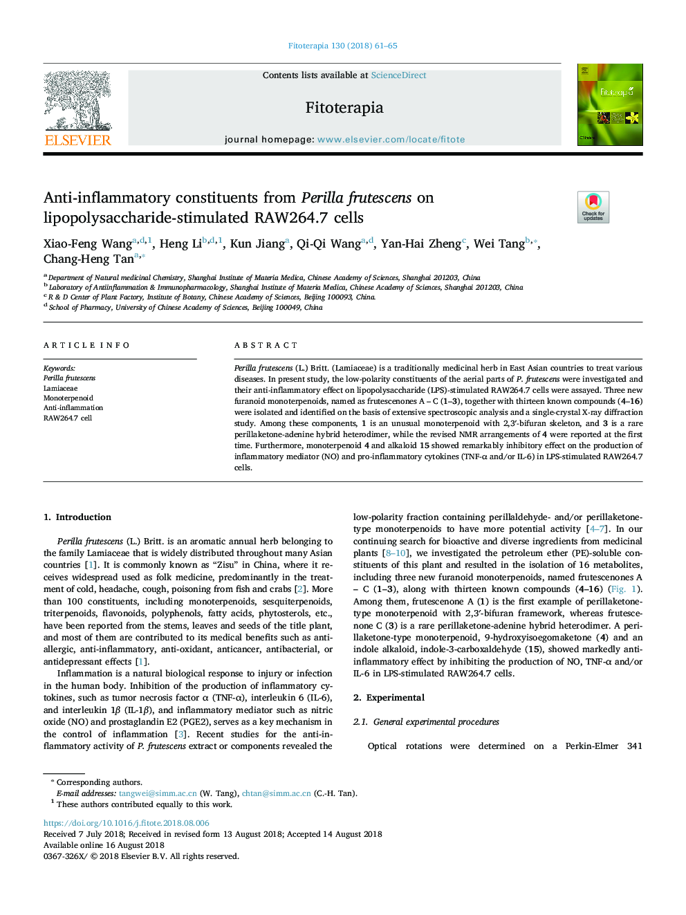 Anti-inflammatory constituents from Perilla frutescens on lipopolysaccharide-stimulated RAW264.7 cells