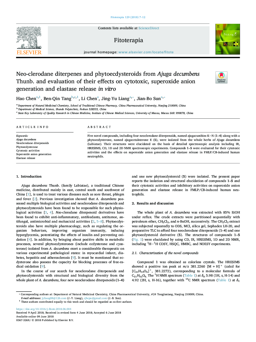 Neo-clerodane diterpenes and phytoecdysteroids from Ajuga decumbens Thunb. and evaluation of their effects on cytotoxic, superoxide anion generation and elastase release in vitro