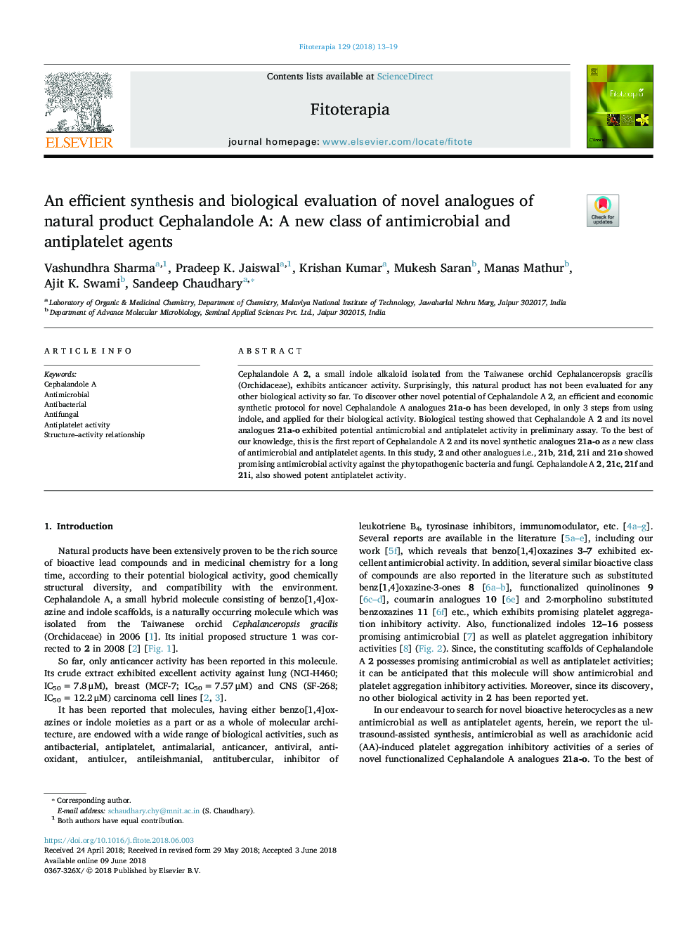 An efficient synthesis and biological evaluation of novel analogues of natural product Cephalandole A: A new class of antimicrobial and antiplatelet agents