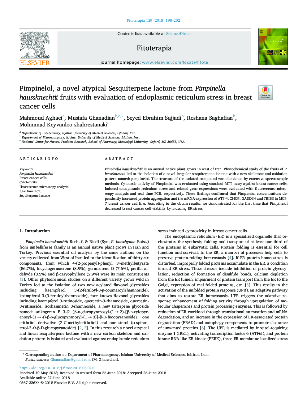 Pimpinelol, a novel atypical Sesquiterpene lactone from Pimpinella haussknechtii fruits with evaluation of endoplasmic reticulum stress in breast cancer cells