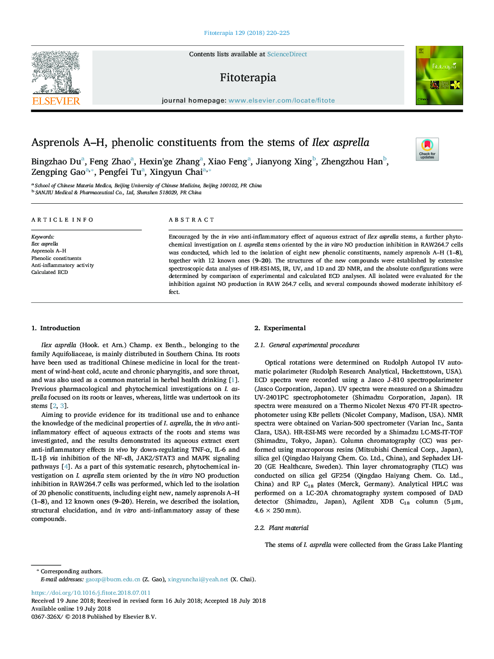 Asprenols A-H, phenolic constituents from the stems of Ilex asprella