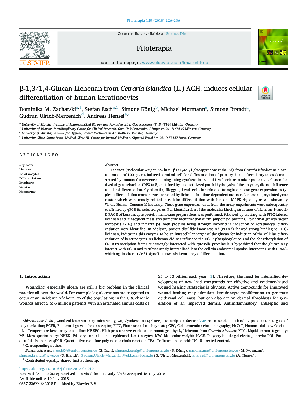 Î²-1,3/1,4-Glucan Lichenan from Cetraria islandica (L.) ACH. induces cellular differentiation of human keratinocytes
