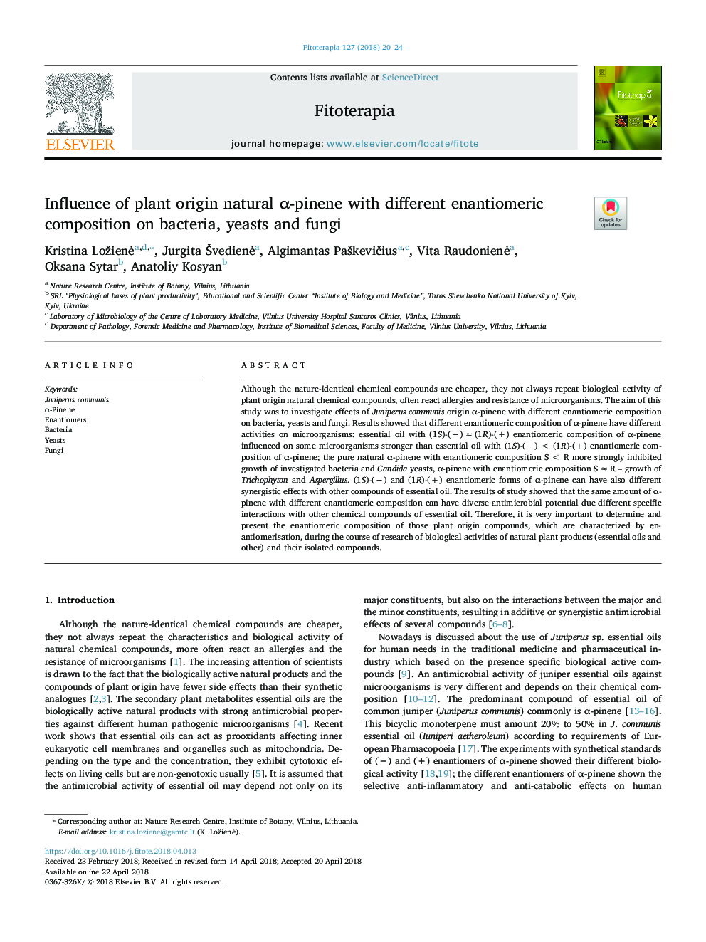 Influence of plant origin natural Î±-pinene with different enantiomeric composition on bacteria, yeasts and fungi