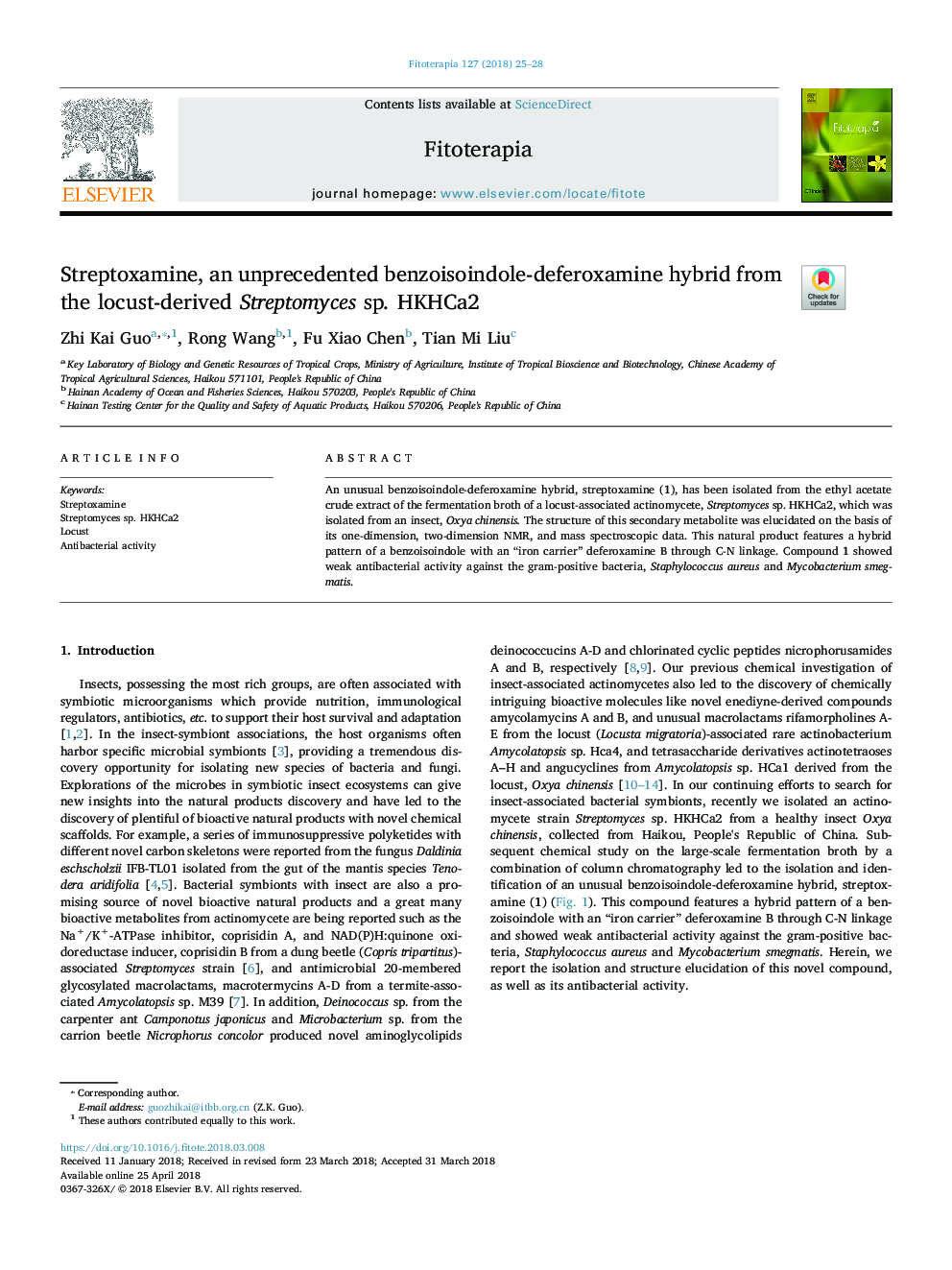 Streptoxamine, an unprecedented benzoisoindole-deferoxamine hybrid from the locust-derived Streptomyces sp. HKHCa2