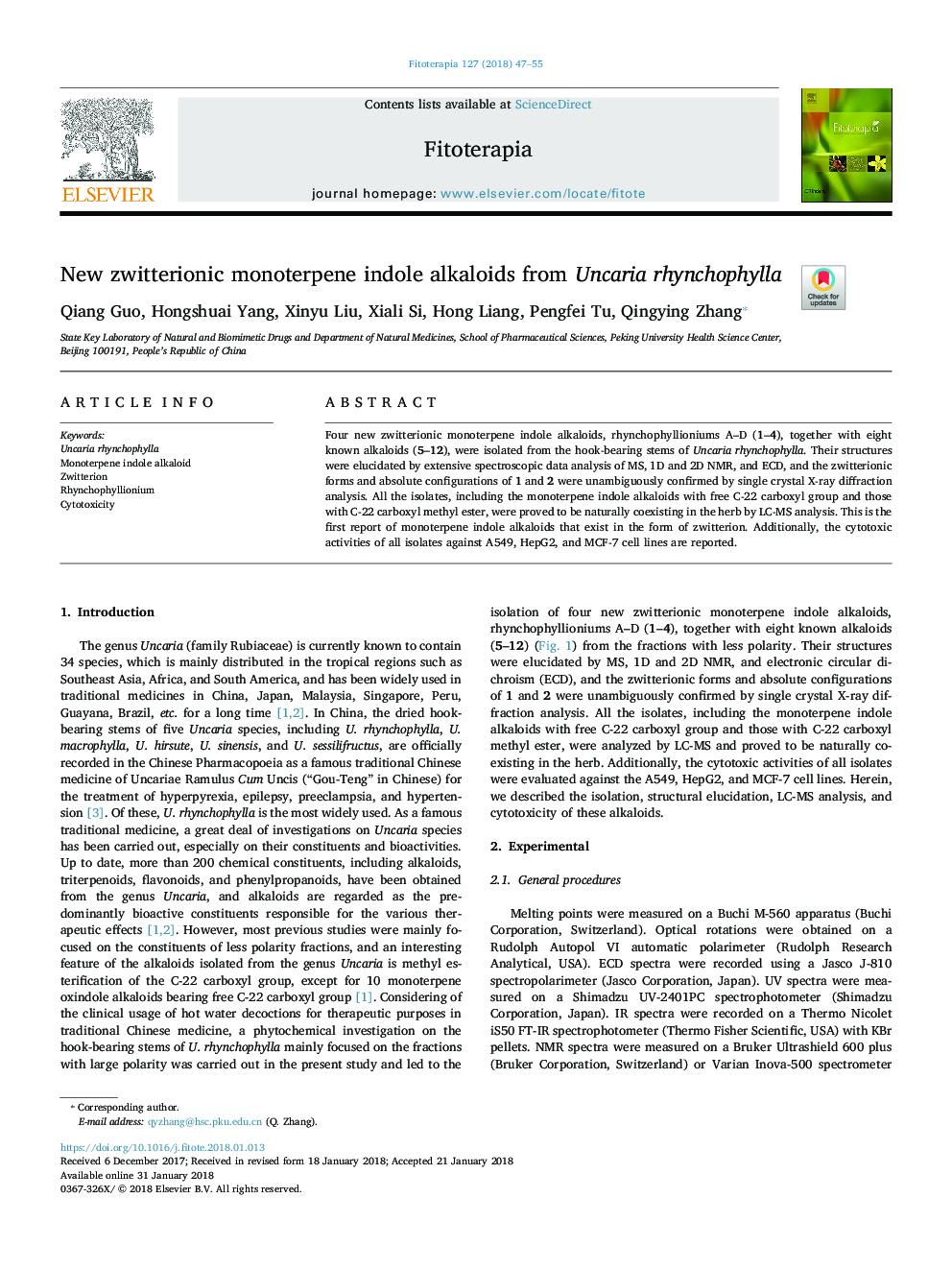 New zwitterionic monoterpene indole alkaloids from Uncaria rhynchophylla