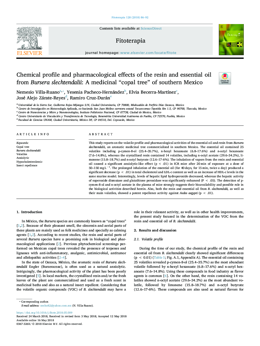 Chemical profile and pharmacological effects of the resin and essential oil from Bursera slechtendalii: A medicinal “copal tree” of southern Mexico