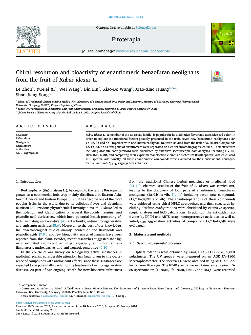 Chiral resolution and bioactivity of enantiomeric benzofuran neolignans from the fruit of Rubus ideaus L.