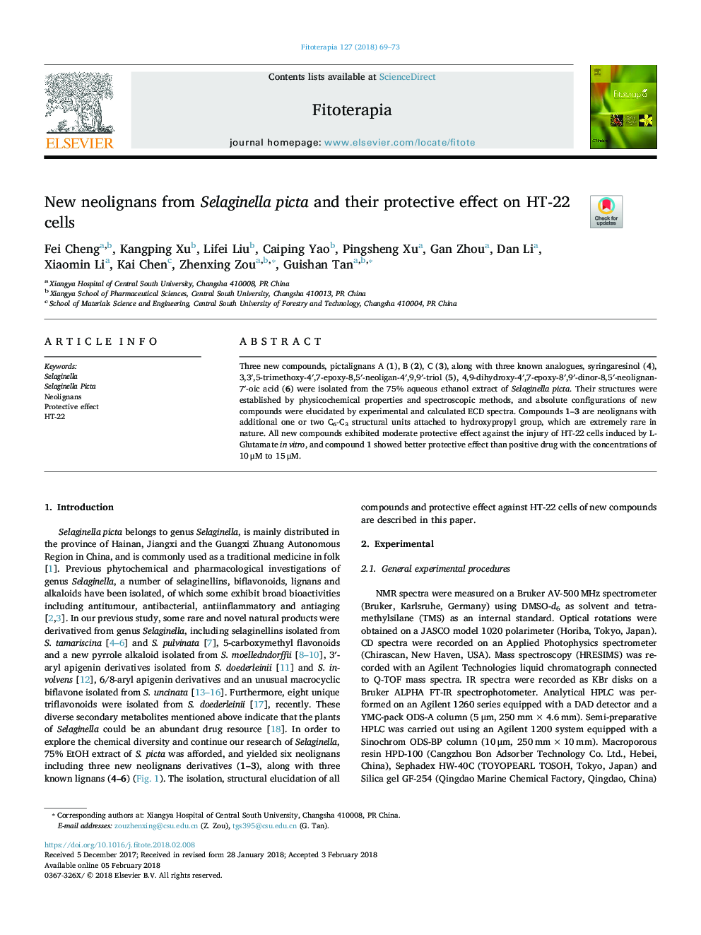 New neolignans from Selaginella picta and their protective effect on HT-22 cells