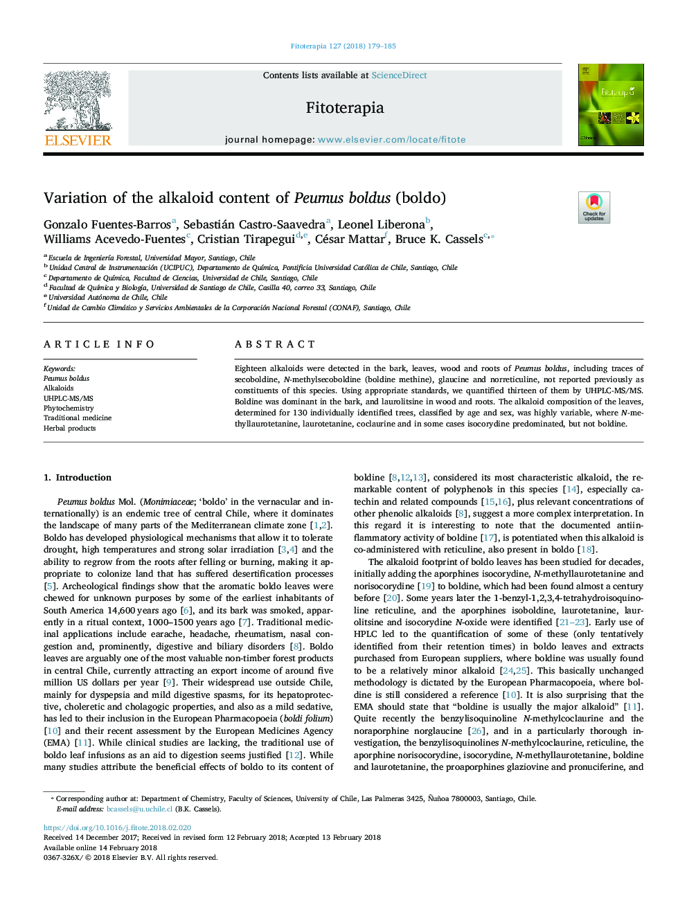 Variation of the alkaloid content of Peumus boldus (boldo)