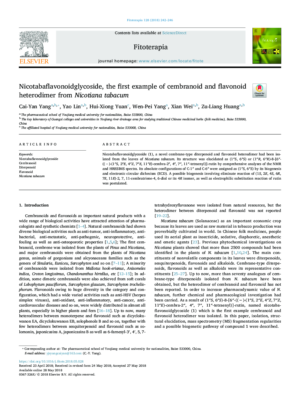 Nicotabaflavonoidglycoside, the first example of cembranoid and flavonoid heterodimer from Nicotiana tabacum