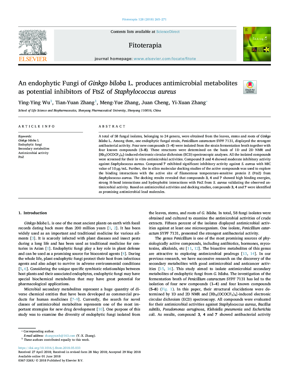 An endophytic Fungi of Ginkgo biloba L. produces antimicrobial metabolites as potential inhibitors of FtsZ of Staphylococcus aureus
