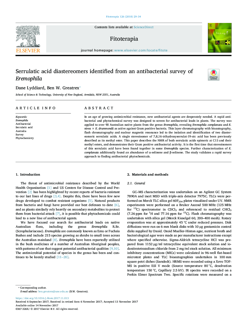 Serrulatic acid diastereomers identified from an antibacterial survey of Eremophila