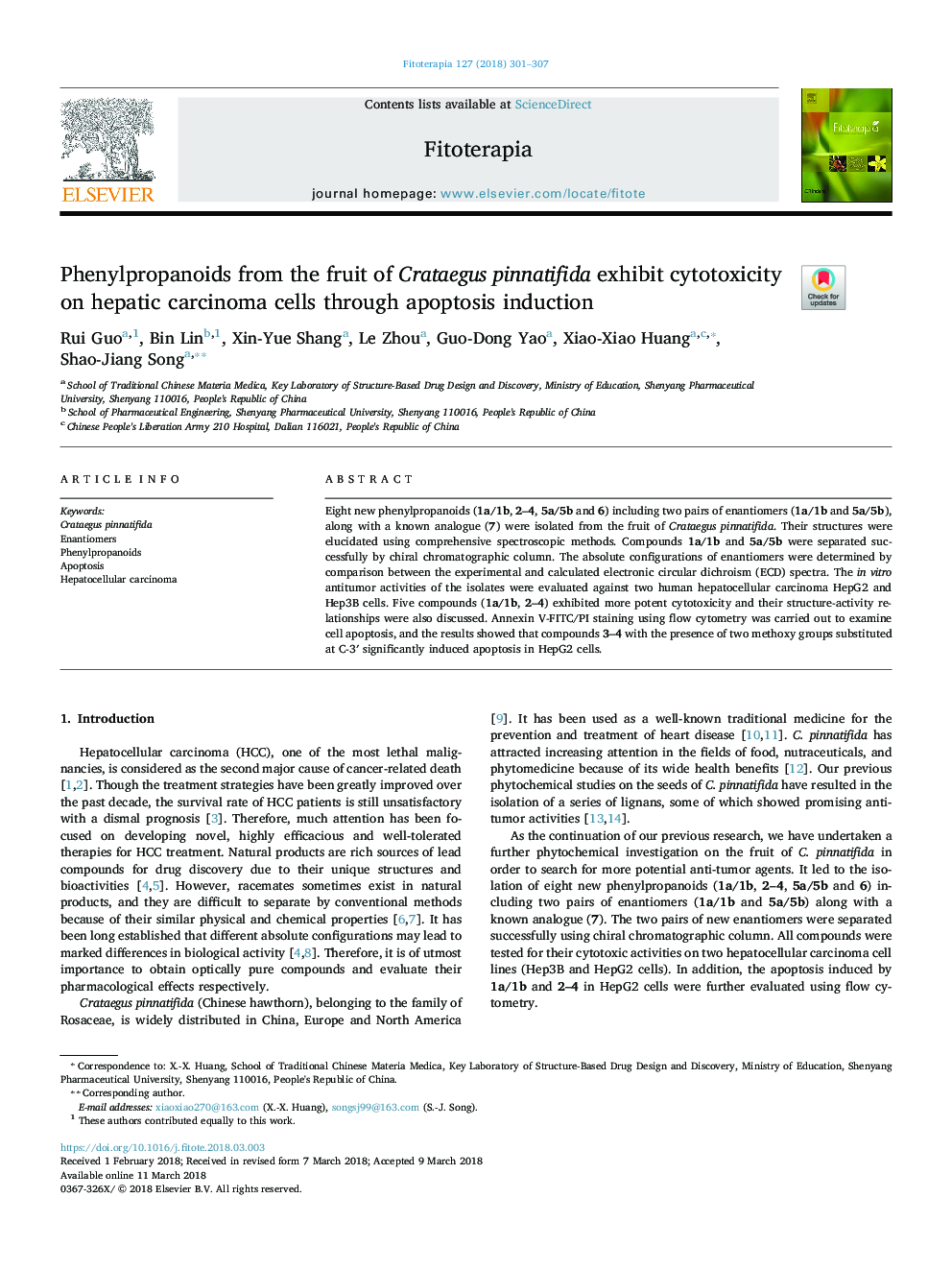 Phenylpropanoids from the fruit of Crataegus pinnatifida exhibit cytotoxicity on hepatic carcinoma cells through apoptosis induction