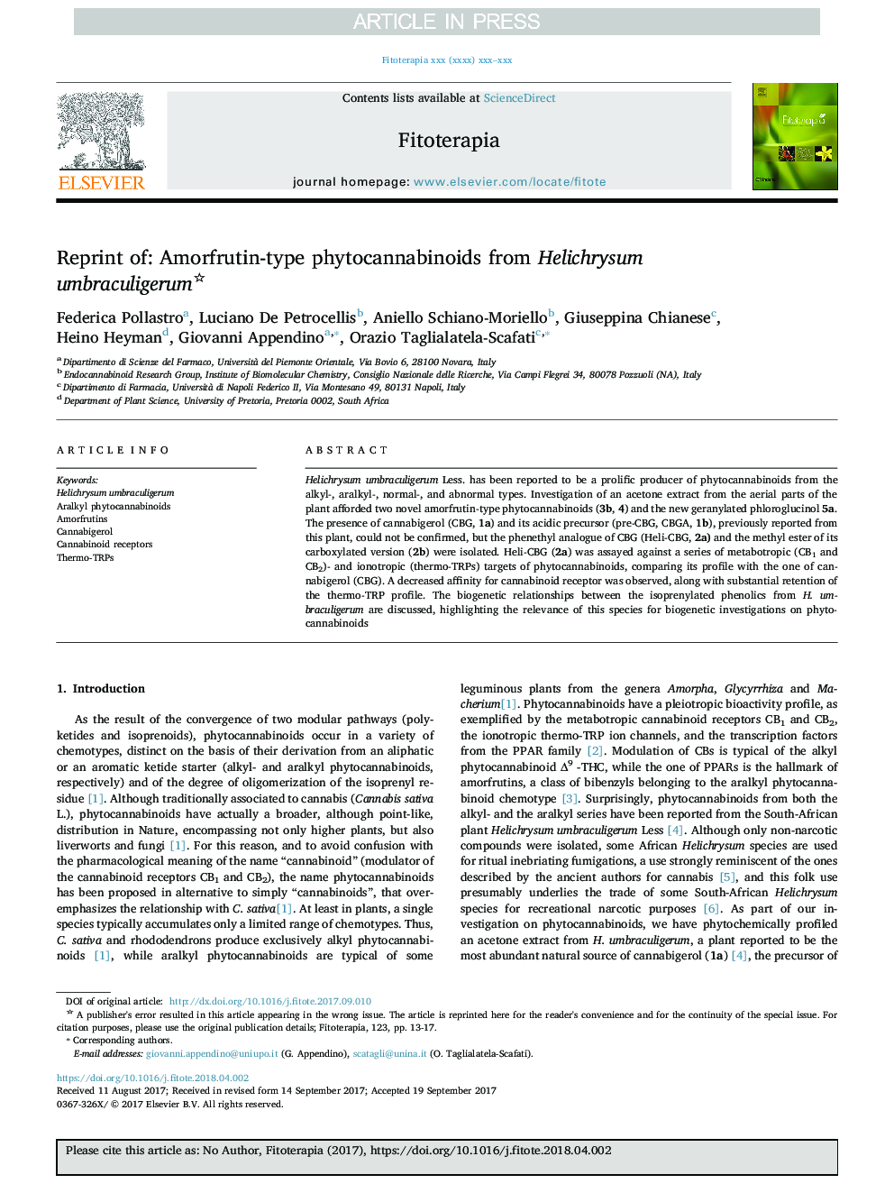 Reprint of: Amorfrutin-type phytocannabinoids from Helichrysum umbraculigerum