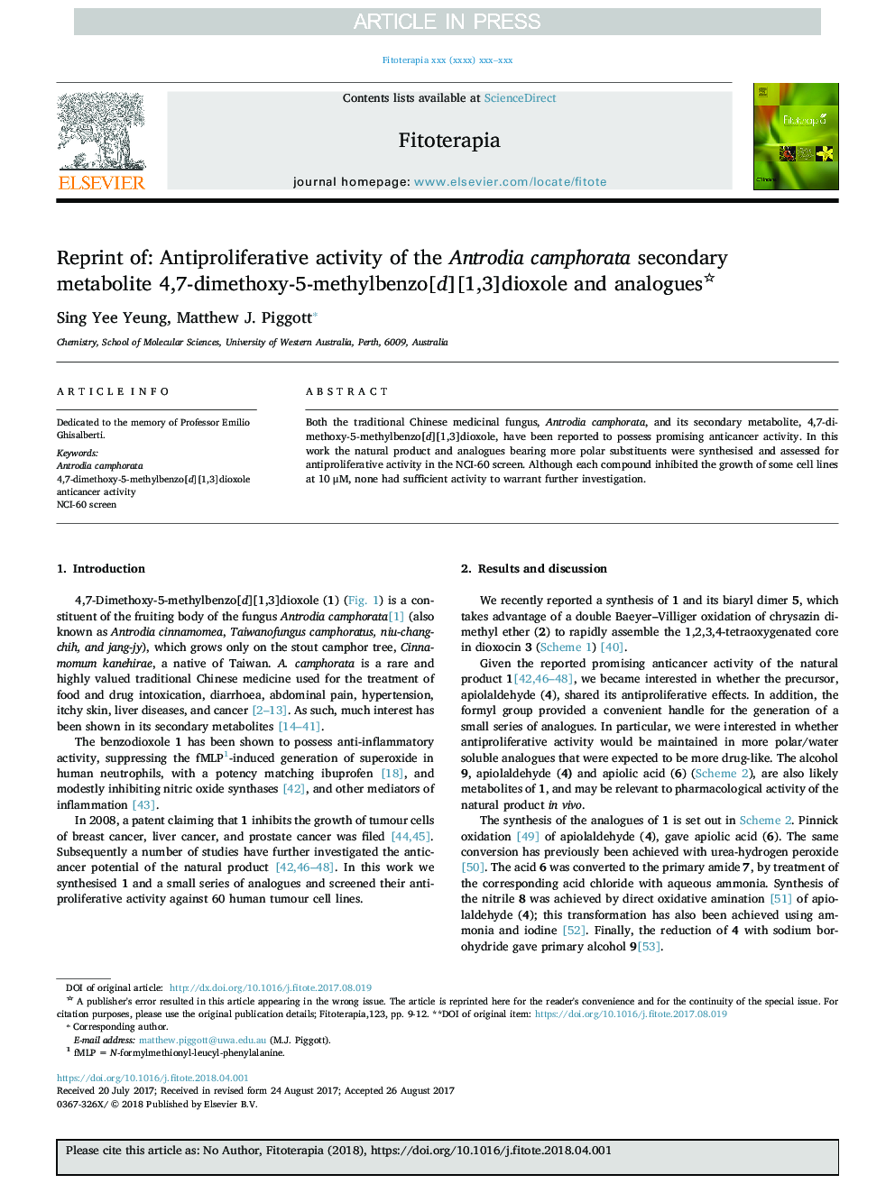 Reprint of: Antiproliferative activity of the Antrodia camphorata secondary metabolite 4,7-dimethoxy-5-methylbenzo[d][1,3]dioxole and analogues