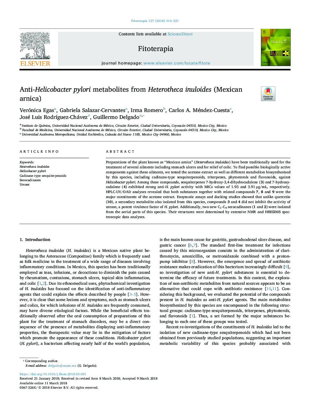 Anti-Helicobacter pylori metabolites from Heterotheca inuloides (Mexican arnica)