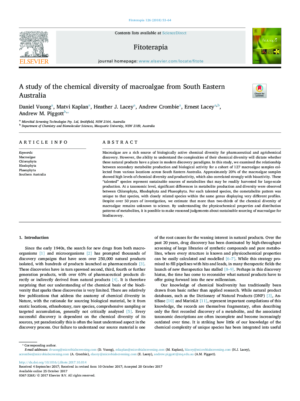 A study of the chemical diversity of macroalgae from South Eastern Australia