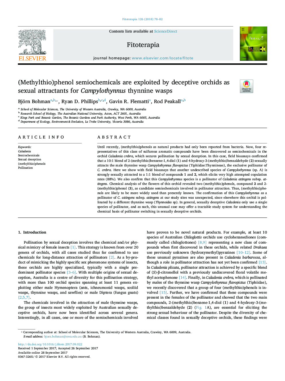 (Methylthio)phenol semiochemicals are exploited by deceptive orchids as sexual attractants for Campylothynnus thynnine wasps