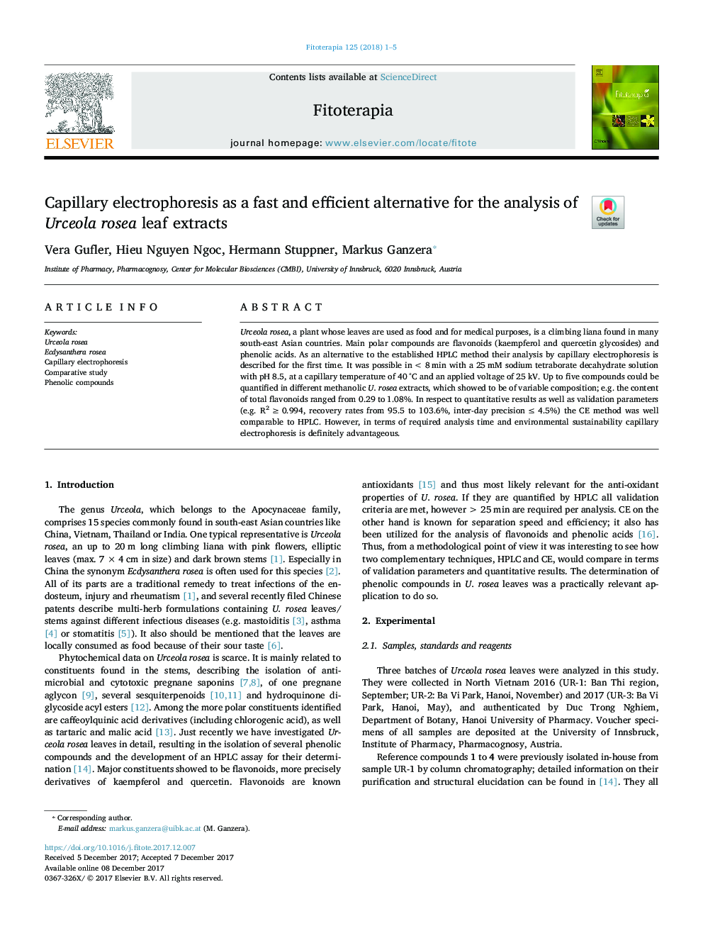 Capillary electrophoresis as a fast and efficient alternative for the analysis of Urceola rosea leaf extracts