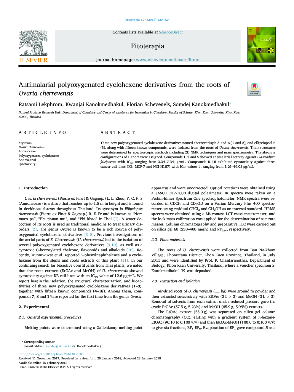 Antimalarial polyoxygenated cyclohexene derivatives from the roots of Uvaria cherrevensis
