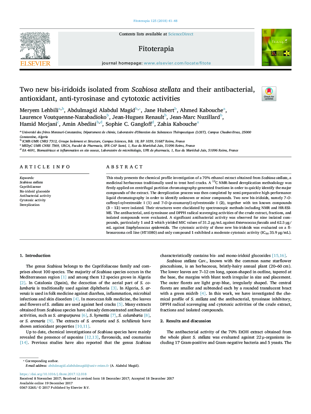 Two new bis-iridoids isolated from Scabiosa stellata and their antibacterial, antioxidant, anti-tyrosinase and cytotoxic activities