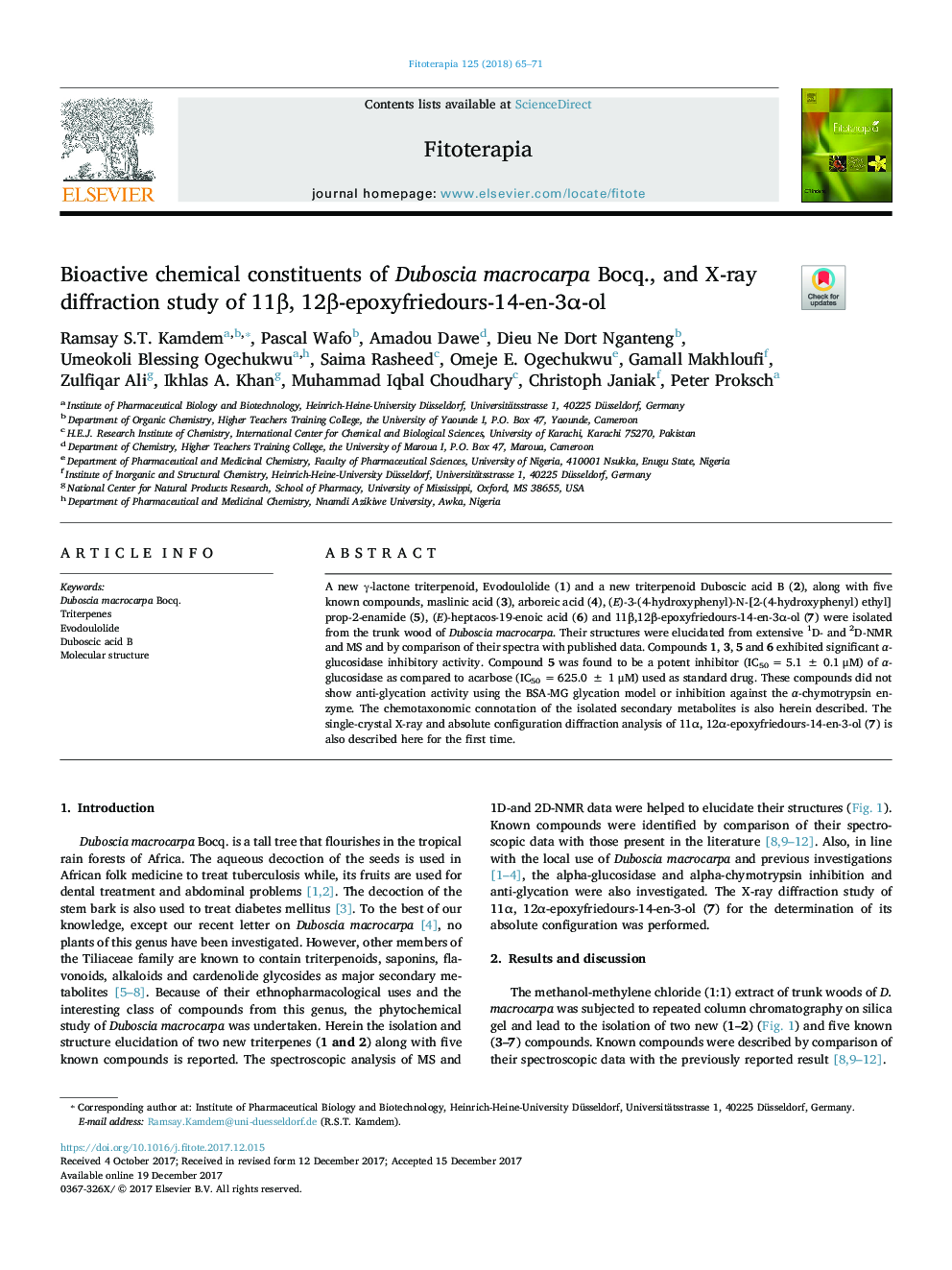 Bioactive chemical constituents of Duboscia macrocarpa Bocq., and X-ray diffraction study of 11Î², 12Î²-epoxyfriedours-14-en-3Î±-ol