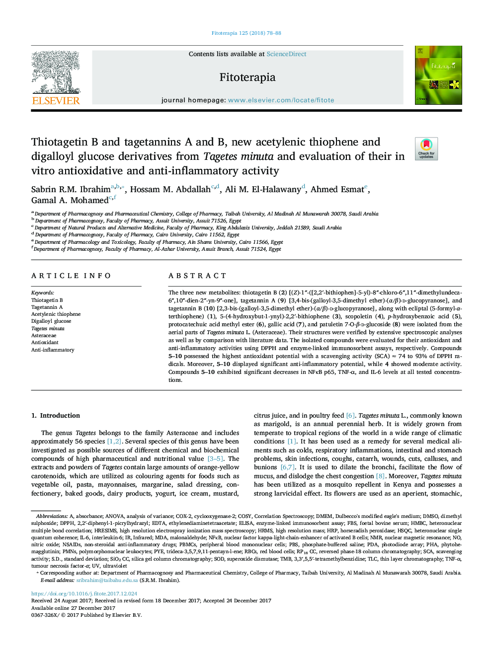 Thiotagetin B and tagetannins A and B, new acetylenic thiophene and digalloyl glucose derivatives from Tagetes minuta and evaluation of their in vitro antioxidative and anti-inflammatory activity