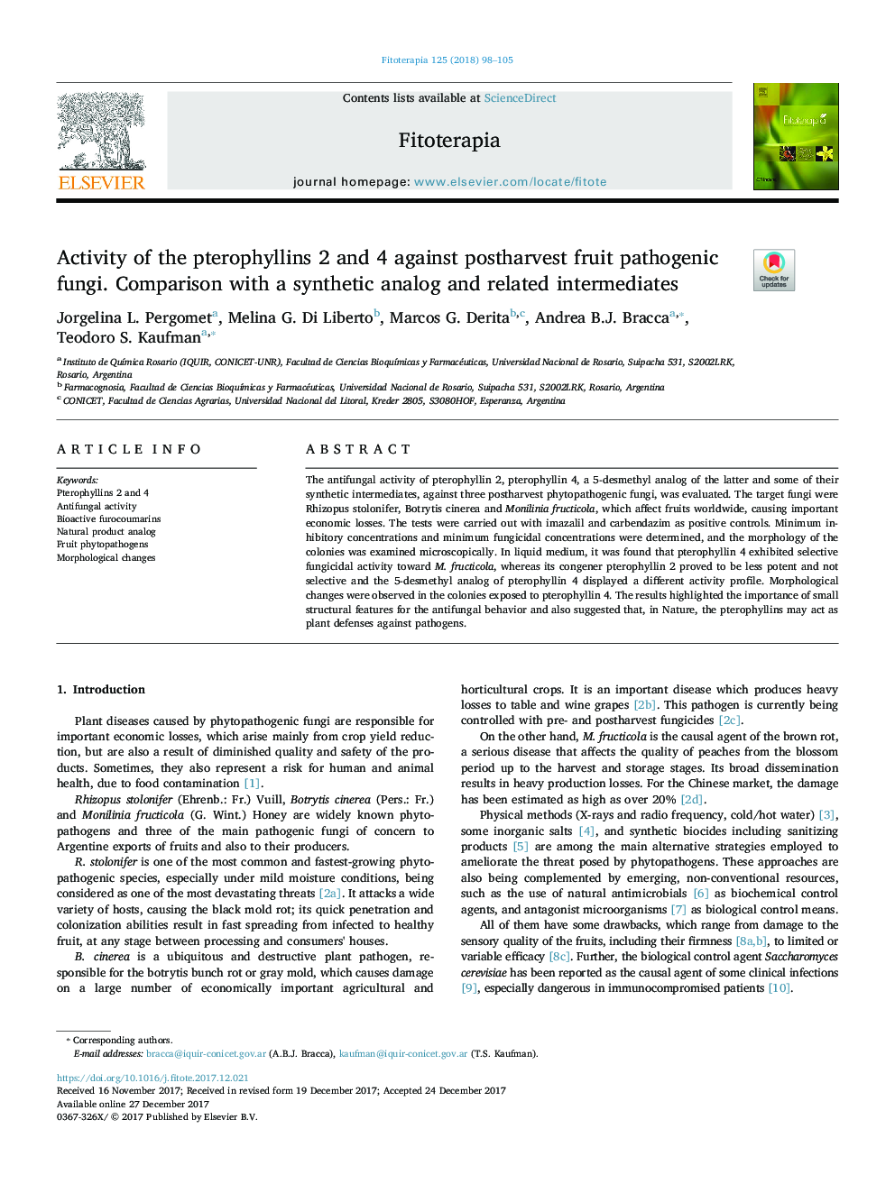 Activity of the pterophyllins 2 and 4 against postharvest fruit pathogenic fungi. Comparison with a synthetic analog and related intermediates