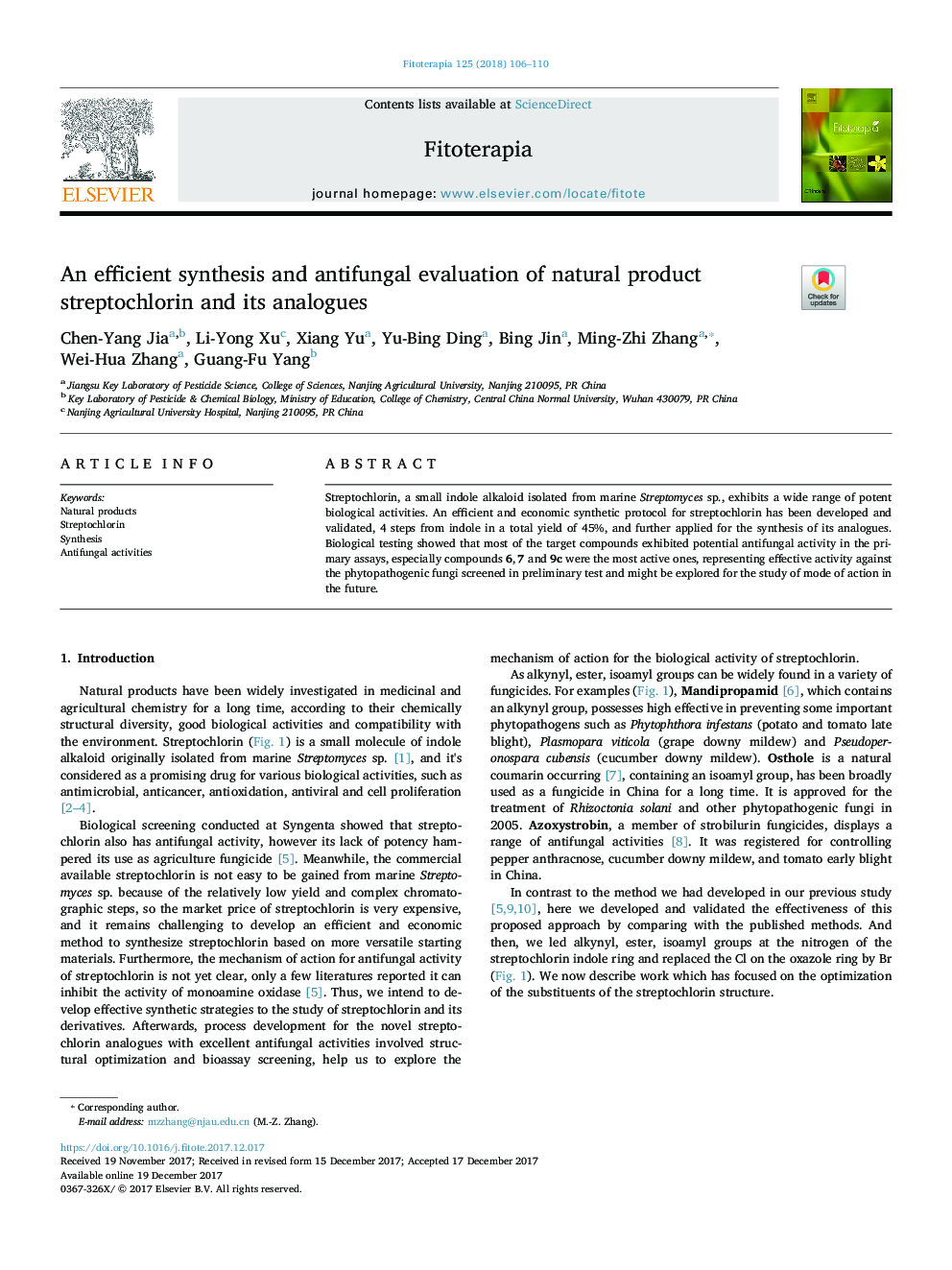 An efficient synthesis and antifungal evaluation of natural product streptochlorin and its analogues