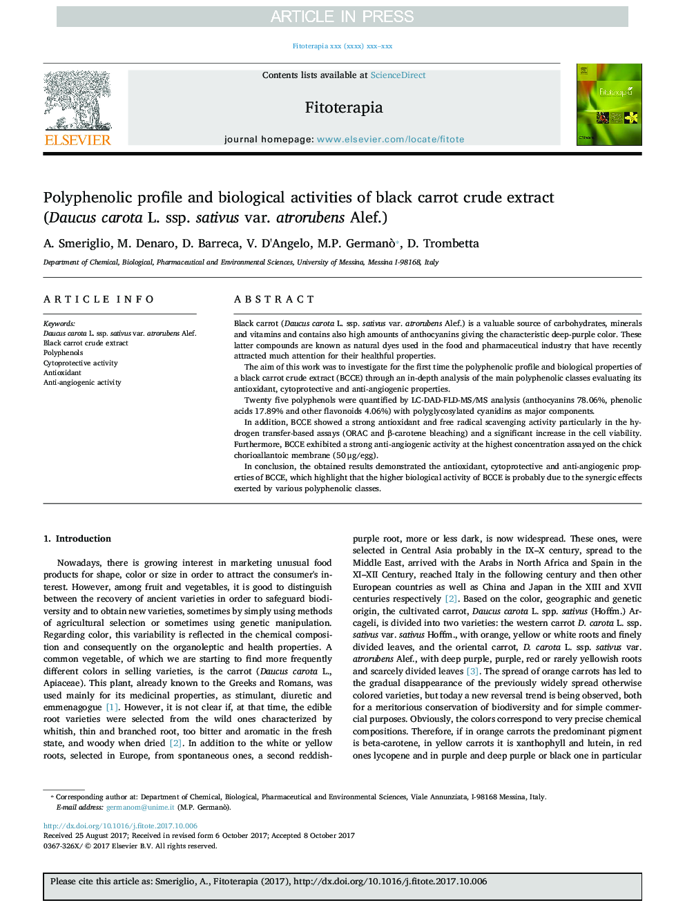 Polyphenolic profile and biological activities of black carrot crude extract (Daucus carota L. ssp. sativus var. atrorubens Alef.)