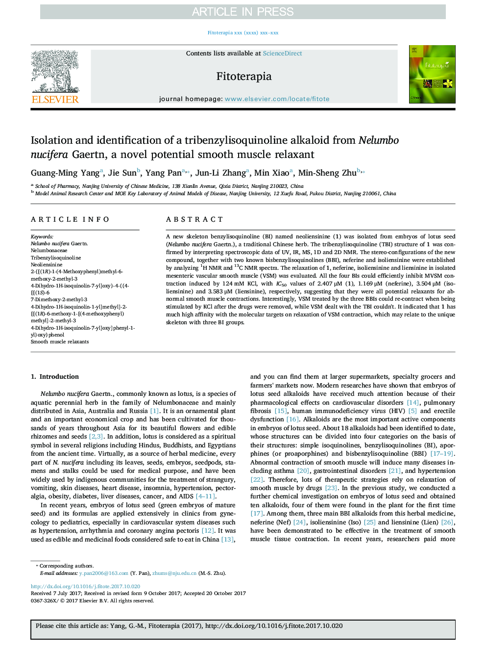 Isolation and identification of a tribenzylisoquinoline alkaloid from Nelumbo nucifera Gaertn, a novel potential smooth muscle relaxant