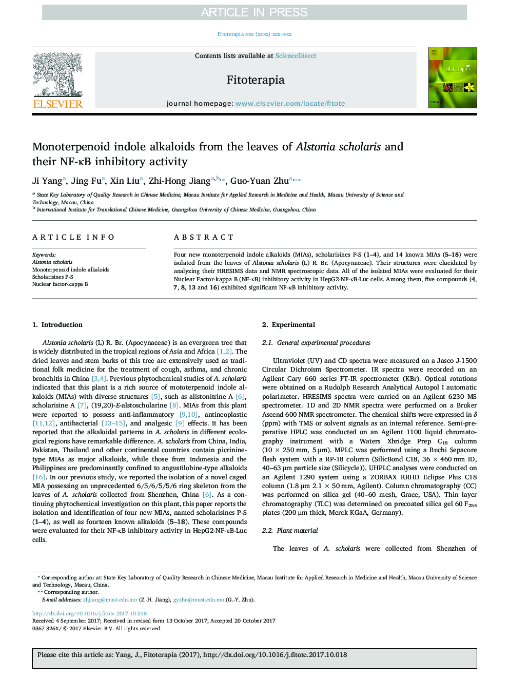 Monoterpenoid indole alkaloids from the leaves of Alstonia scholaris and their NF-ÎºB inhibitory activity