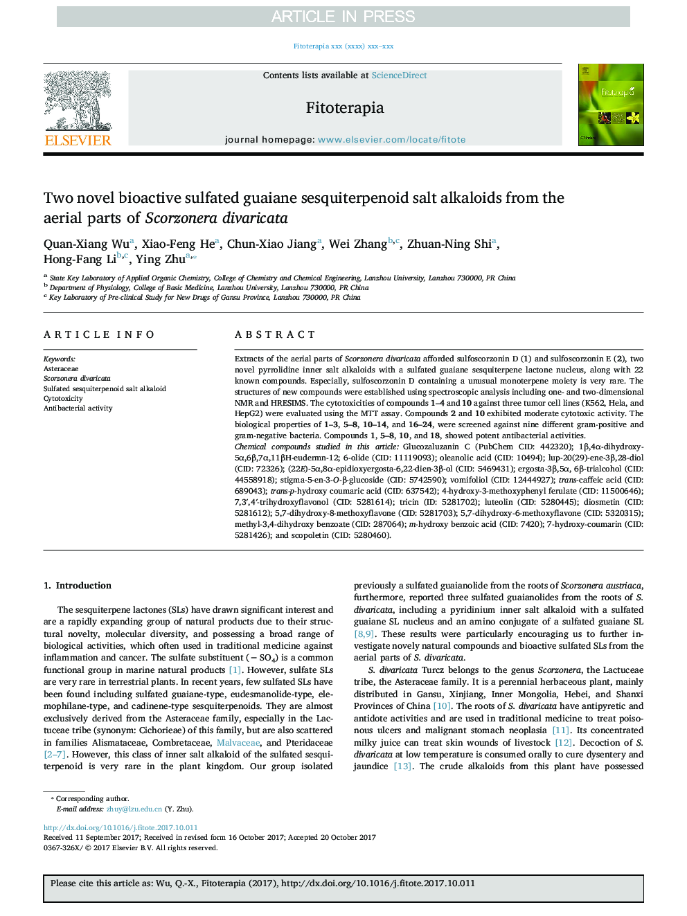 Two novel bioactive sulfated guaiane sesquiterpenoid salt alkaloids from the aerial parts of Scorzonera divaricata