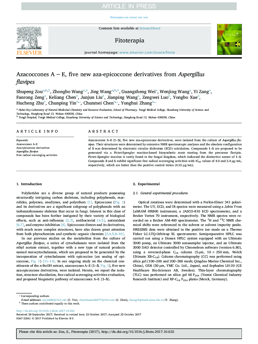 Azacoccones AÂ âÂ E, five new aza-epicoccone derivatives from Aspergillus flavipes