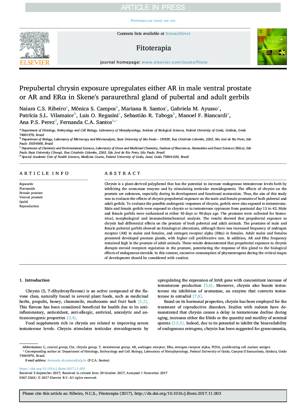 Prepubertal chrysin exposure upregulates either AR in male ventral prostate or AR and ERÎ± in Skene's paraurethral gland of pubertal and adult gerbils