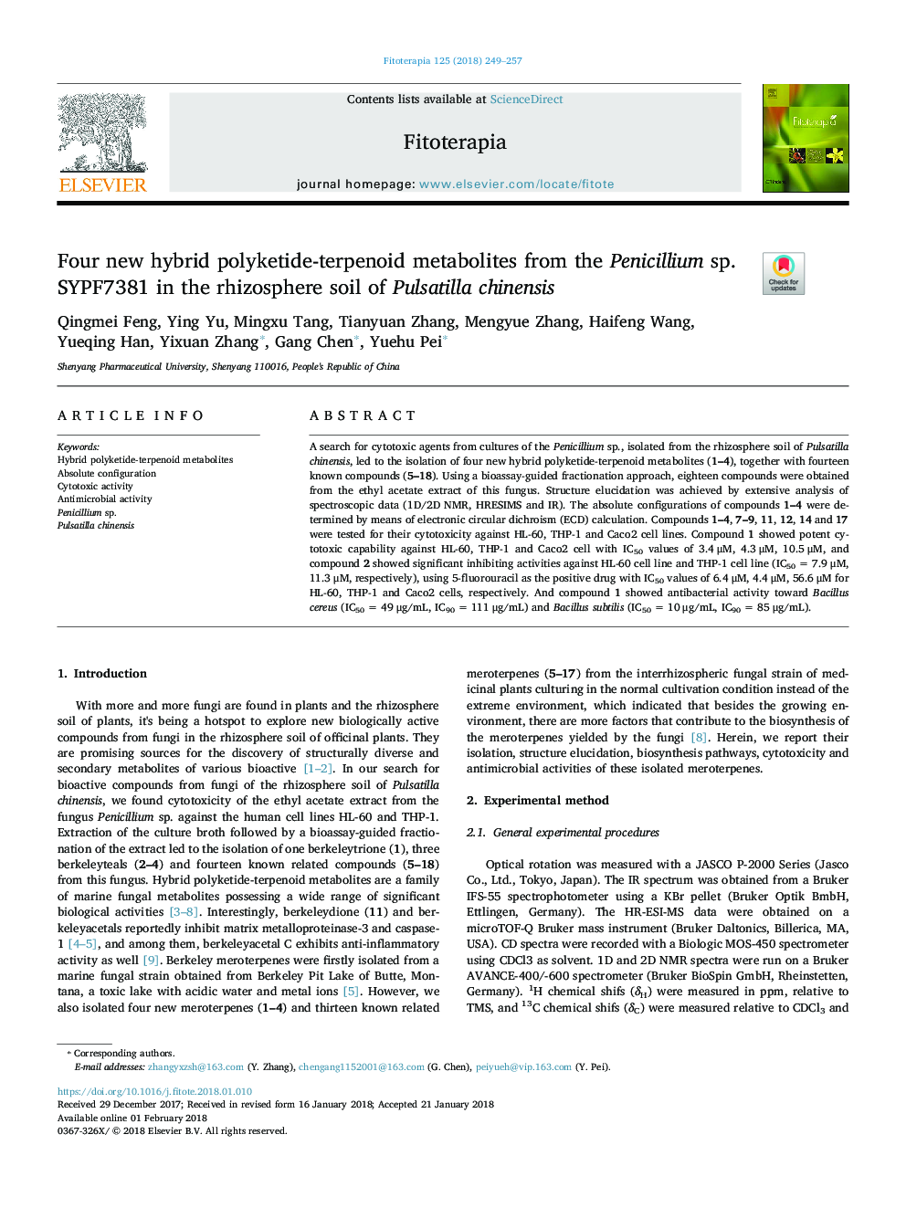 Four new hybrid polyketide-terpenoid metabolites from the Penicillium sp. SYPF7381 in the rhizosphere soil of Pulsatilla chinensis