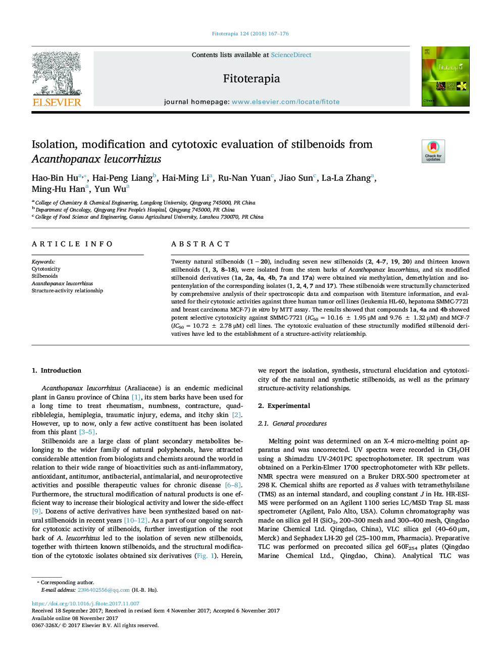 Isolation, modification and cytotoxic evaluation of stilbenoids from Acanthopanax leucorrhizus