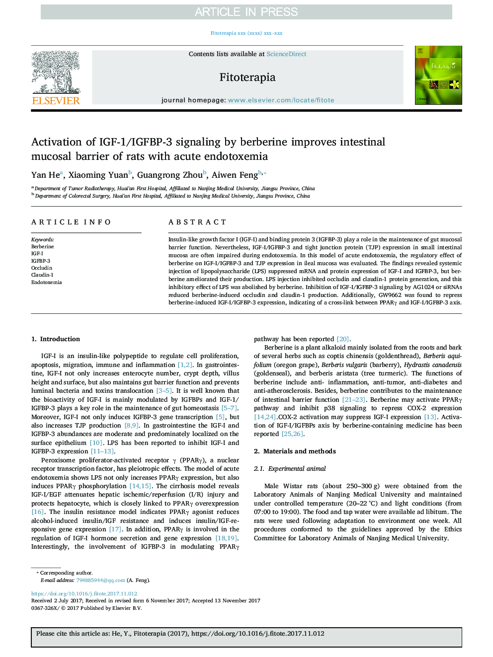 Activation of IGF-1/IGFBP-3 signaling by berberine improves intestinal mucosal barrier of rats with acute endotoxemia