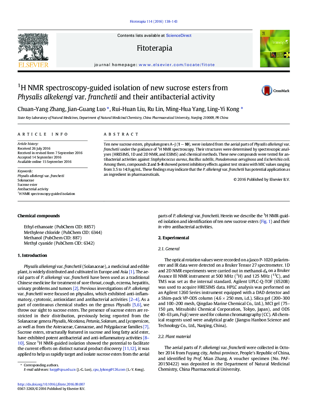 1H NMR spectroscopy-guided isolation of new sucrose esters from Physalis alkekengi var. franchetii and their antibacterial activity