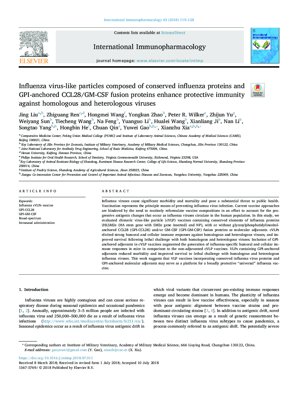 Influenza virus-like particles composed of conserved influenza proteins and GPI-anchored CCL28/GM-CSF fusion proteins enhance protective immunity against homologous and heterologous viruses